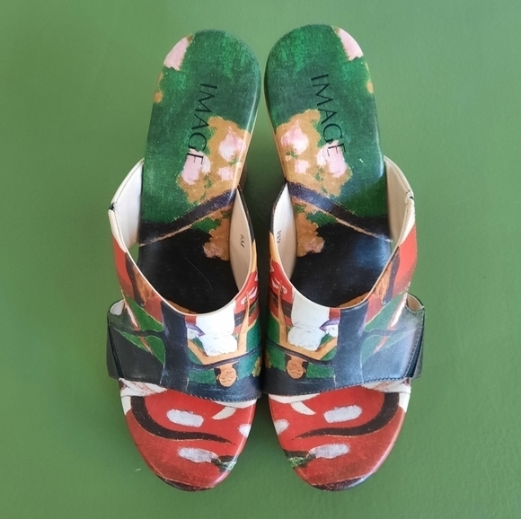 Vintage Image Wooden Cork Wedge Asian Inspired Sandals 6 - Picture 2 of 6